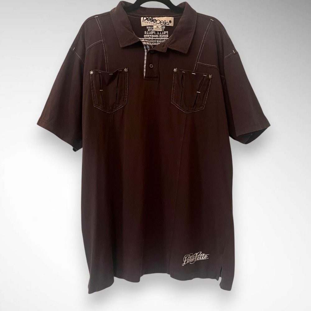 Vintage Pelle Pelle Marc Buchanan Polo Shirt Brown Y2K Hip Hop Baggy Stitch 3XL
